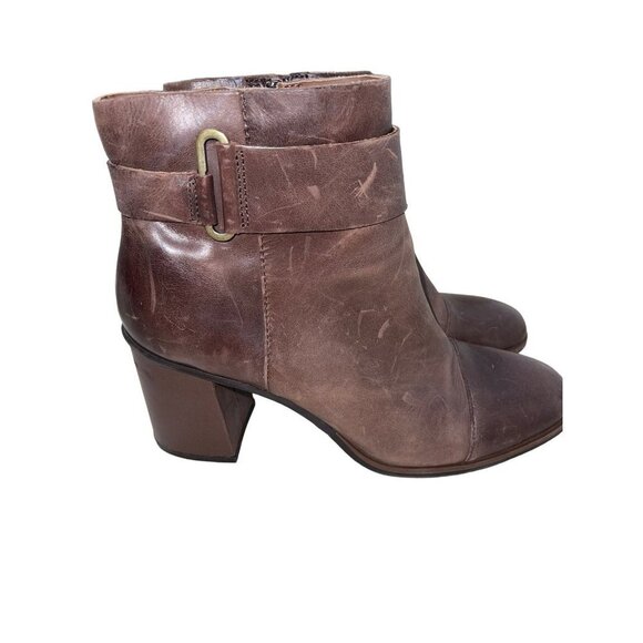 Korks Women's Hanska Booties in Dark Brown Leather Buckle Heeled Distressed 9.5 - Picture 2 of 11